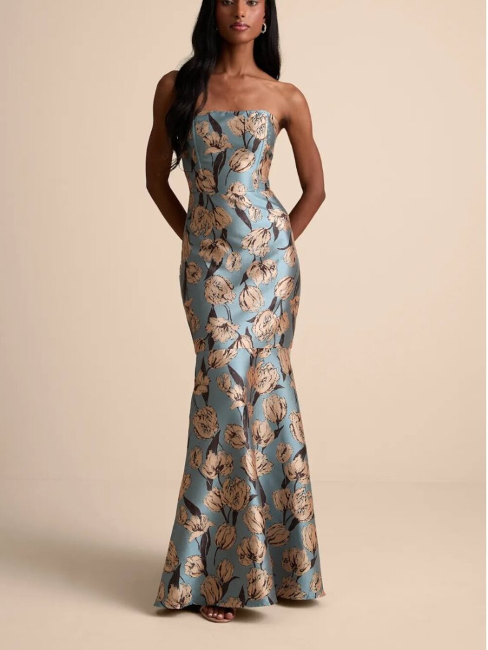 Lulus Gowning Around Slate Blue Floral Jacquard Strapless Maxi Dress